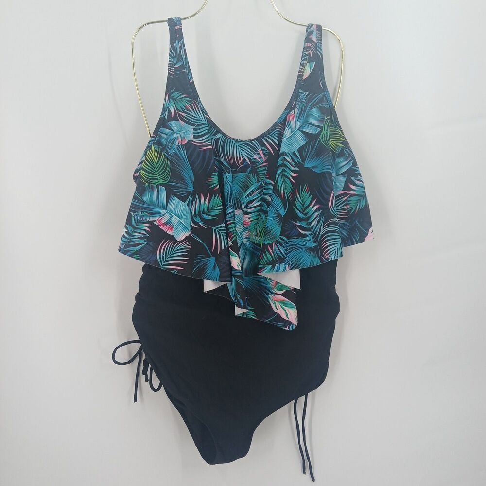 womans bloomchic size 12 black one piece blue tropical floral swimwear summer
